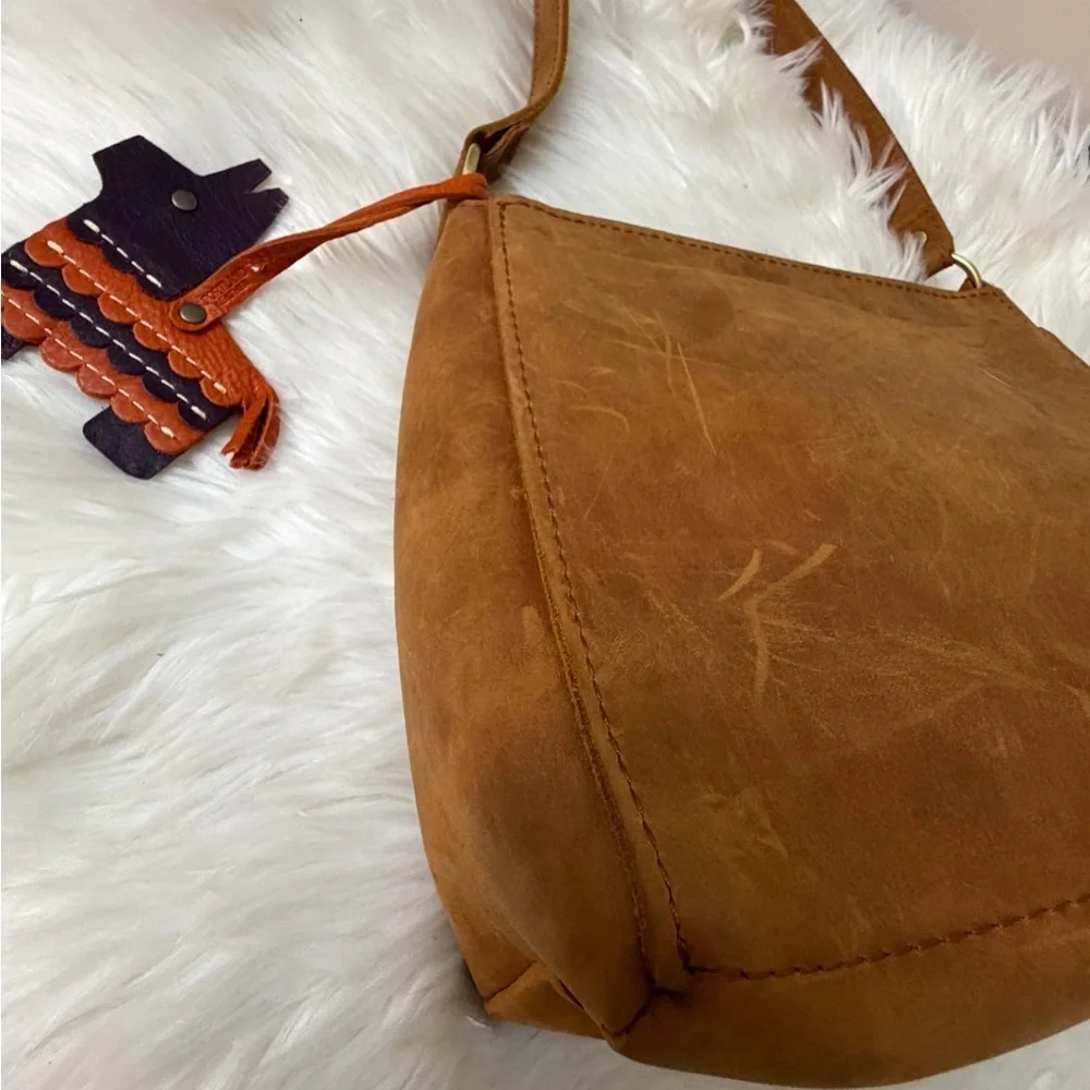 Portland Leather Tan Triangle Shoulder Bag with Charm